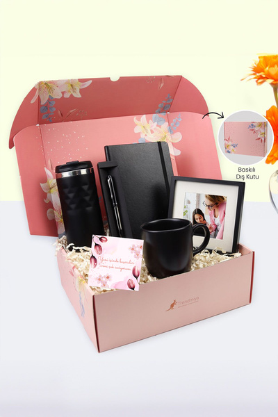 Trendmiya Pembe Çiçekli Kilitli Kutusunda Çelik Termos & Roller Kalem & Defte...