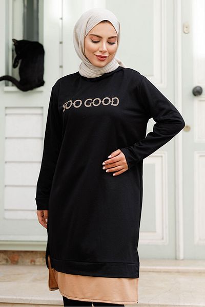 Bestenur Good Print Hooded Tunic 1284 - Μαύρο