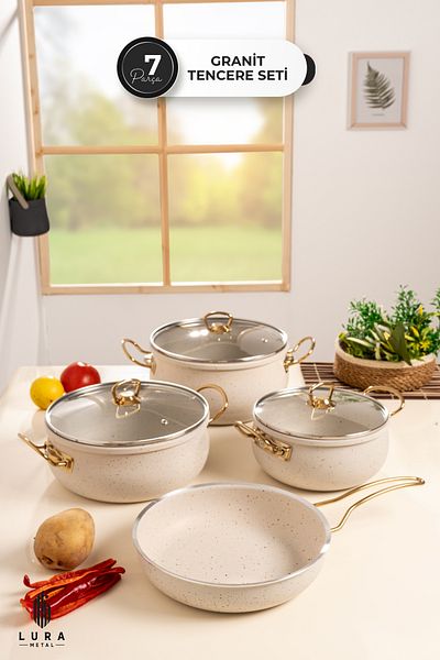 Skygo 7-Piece White Granite Cookware Set - Stylish and Durable Design with Gold Handle Detail