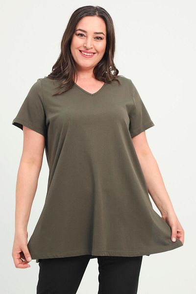 SERTUĞ Trend42Plus Plus Size Slit V-Neck Khaki T-Shirt
