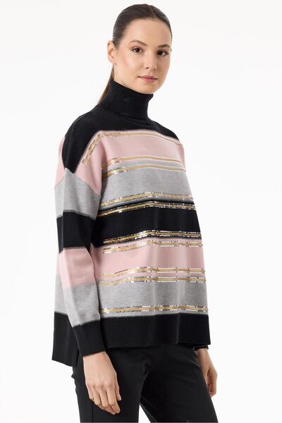 Tığ Triko Renkli Çizgili Payet Şeritli Triko Bluz SİYAH