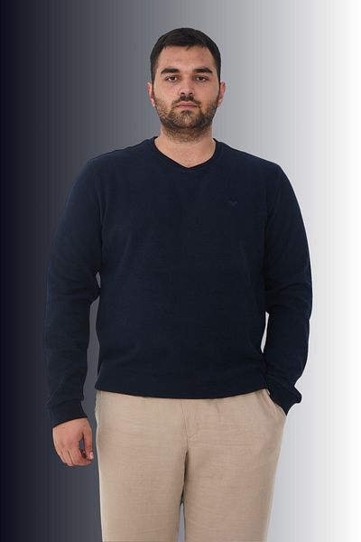 Maccali Men's Large Size V-Neck Oversized Basic Navy Blue Sweatshirt