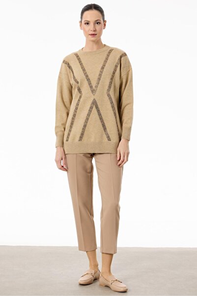 Tığ Triko Leopar Taşlı Triko Bluz HAKİ