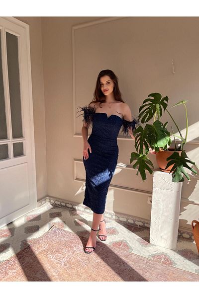 Seri Otrişli Low Sleeve Beading Embroidered Midi Evening Dress Wedding Engagement Graduation