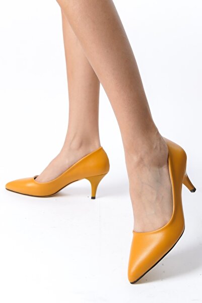 Ayakkabı Podyumum "STILETTO" جلد الخردل 5 سم كعب رفيع بمقدمة مدببة مغلقة للمو...