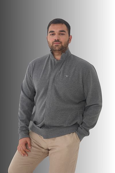 Maccali Men's Large Size Zip-Up Cardigan Oversized Pocket Smoked Sweatshirt