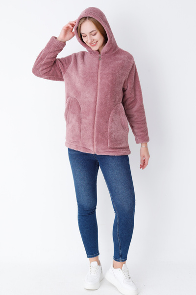 İntensive Women's Lilac Long Sleeve Pocket Zipper Hooded Plush Cardigan