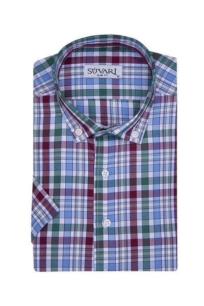 SÜVARİ Ανδρικό πουκάμισο με κοντό μανίκι Cavalier Slim Fit με πράσινο σχέδιο