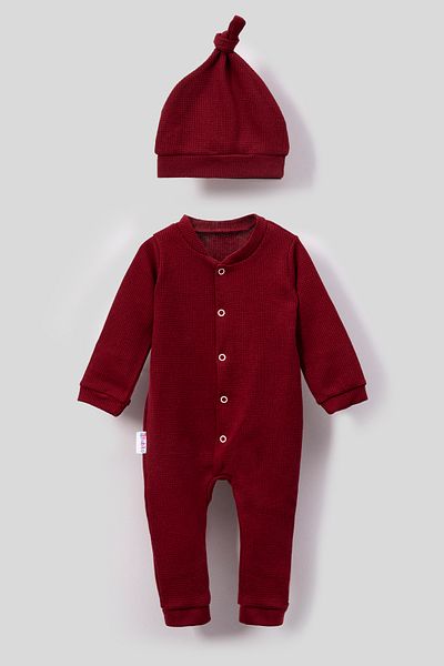 Bubito Waffle Combed Cotton Style Baby Romper with Hat - Red