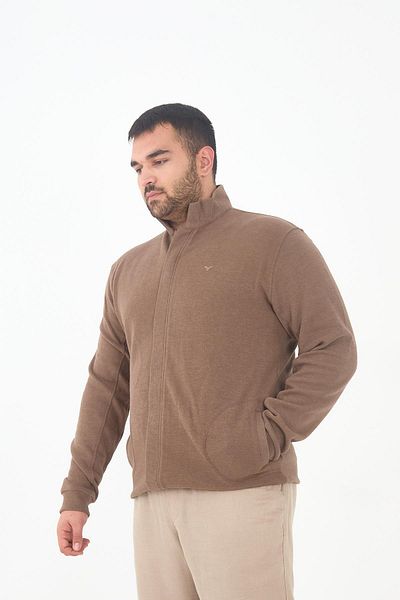 Maccali Men's Large Size Zip-Up Cardigan Oversized Pocket Brown Sweatshirt
