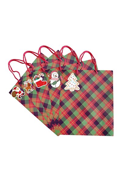 roco paper İpli Karton Hediye Çantası, Kırmızı Ekose Desenli Alışveriş Poşeti, 10 Adet, 25x30x9 Cm