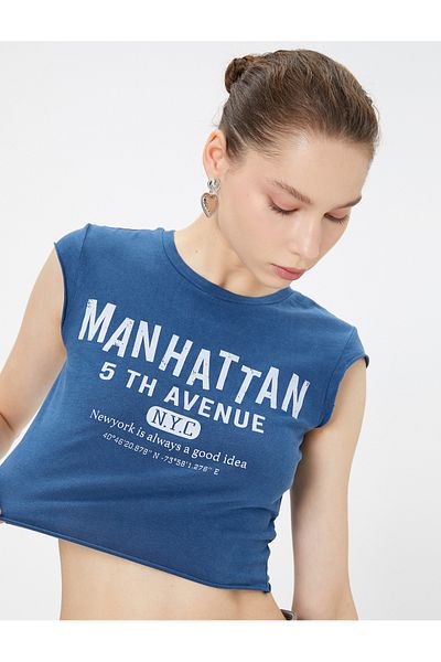 Koton Crop T-Shirt Sleeveless College Themed Printed Cotton
