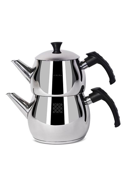 Serenk Modernist Türkisches Teekanne-set, Schwarzer Griff , Made In Türkiye