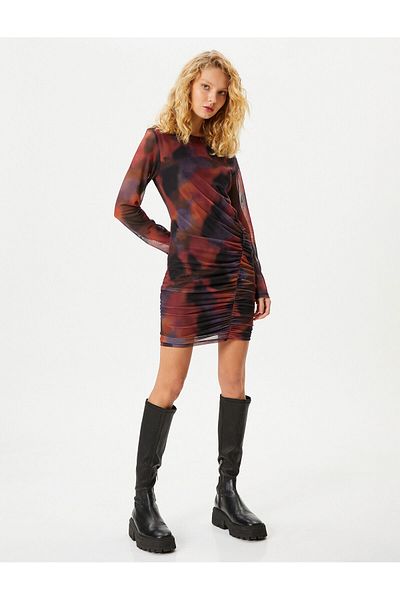 Koton Rochie din tul cu model batik Drapă Detaliată cu mânecă lungă decolteu crestat Căptușită