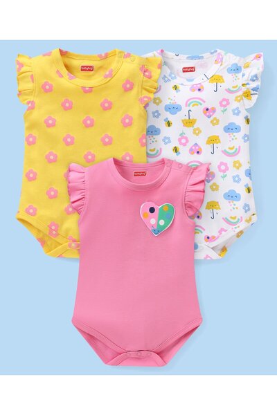 Babyhug طقم من 3 قطع من ملابس النوم ذات الأكمام المكشكشة المصنوعة من القطن بن...