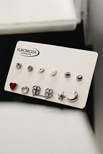 EUROMODA Heart Clover and Moon Star Design Set of 6 Earrings with Ball and Pearl Earrings