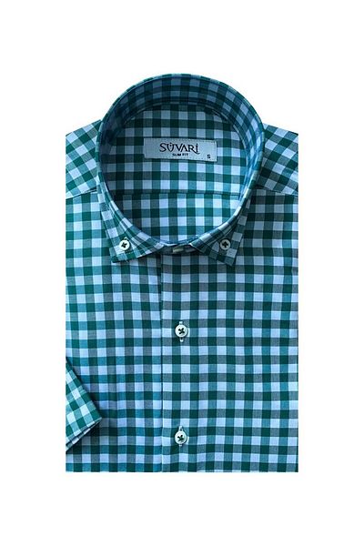 SÜVARİ Ανδρικό πουκάμισο Süvari Slim Fit Πράσινο καρό κοντομάνικο