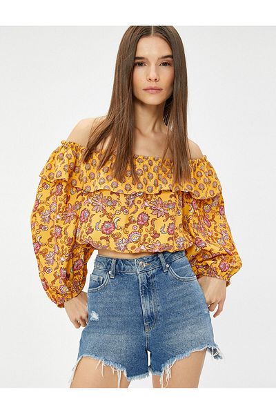 Koton Ethnic Patterned Madonna Collar Crop Ruffled