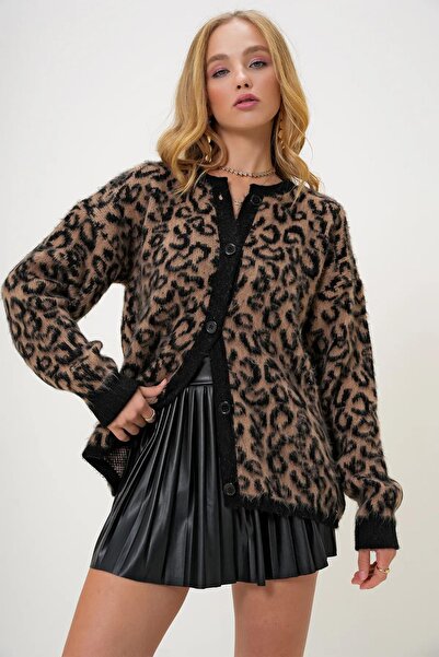 Deafox Brown Leopard Print Crew Neck Wool Knitwear Cardigan