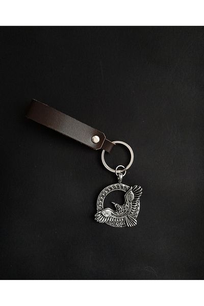BSN Store Scandinavian Mythology Brown Genuine Leather Keychain with Eagle Figure