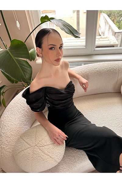 Seri One Shoulder Double Color Midi Length Evening Dress Wedding Engagement Graduation