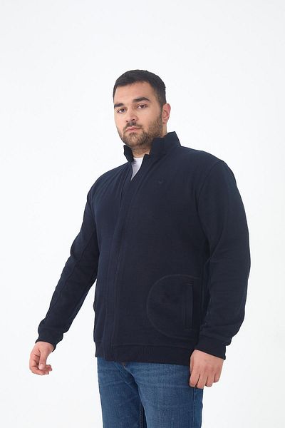 Maccali Men's Large Size Zip-Up Cardigan Oversized Pocket Navy Blue Sweatshirt