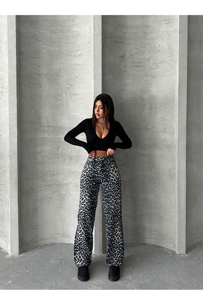 Swet Shop Jeans Women's Leopard Print High Waist Lycra Wide Leg Palazzo Trousers