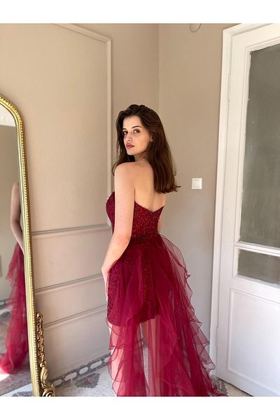 Seri Strapless Beading Embroidered Flounce Tailed Evening Dress Wedding Engagement Graduation