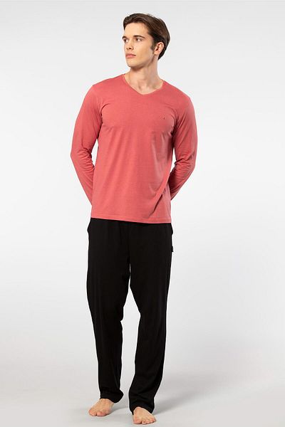 Cacharel Men's V-Neck Long Sleeve Pajamas Set - 50% Modal and 50% Cotton with Bottom Sleepwear Pockets