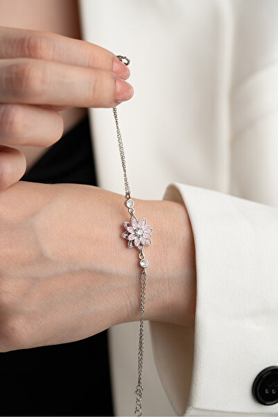 Silvano Jewelry 925 Ayar Gümüş Pembe Taşlı Lotus Bileklik