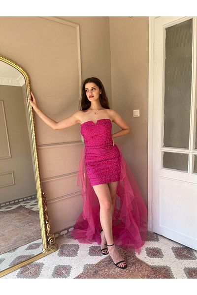 Seri Strapless Beading Embroidered Flounce Tailed Evening Dress Wedding Engagement Graduation