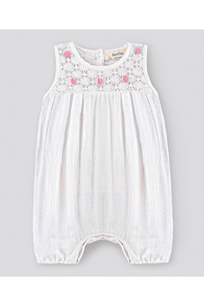 Bonfino girls Sleeveless Romper with Lach and Crocheted flowers detailing - White