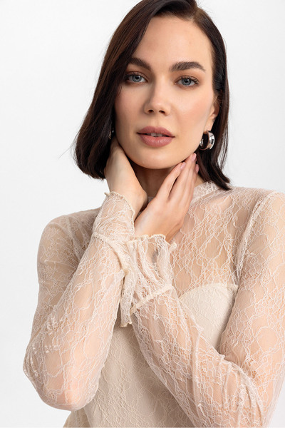 Evermade Stand Collar Lace and Low-Cut Long Sleeve Blouse