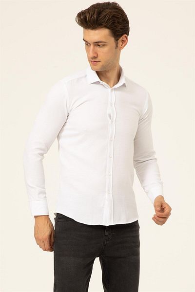 SÜVARİ Λευκό πουκάμισο Süvari με γωνιακή μανσέτα Slimfit Dobby Business