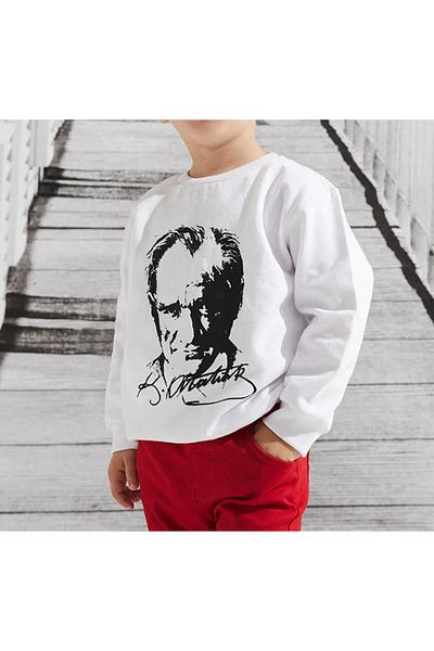 neocotton Унисекс суитшърт с дълъг ръкав, кръгло деколте и щампа на Ататюрк с повдигнат вътрешен маншет