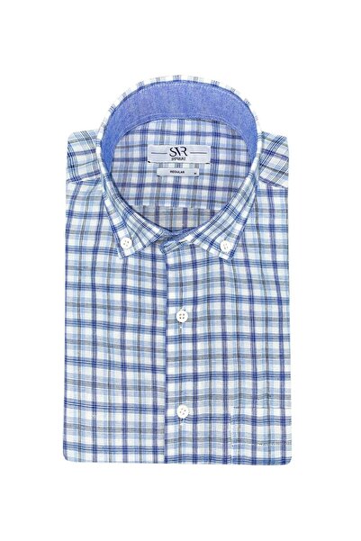 SÜVARİ Süvari Bol Kesim Çizgili Mavi Kısa Kol Cepli Gömlek