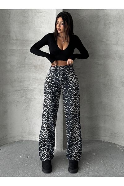 Swet Shop Jeans Women's Leopard Print High Waist Lycra Wide Leg Palazzo Trousers