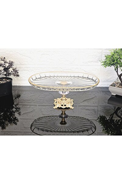 atabey home collection Paşabahce Elegance - Striped Gold Cast Leg Presentation Plate 27cm