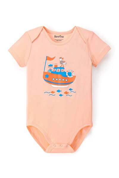Bonfino 100% Cotton Half Sleeves Onesie Ship & Text Print Pack Of 3- Orange & Green