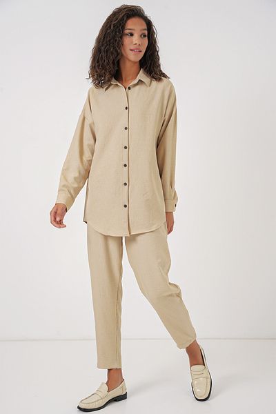 Bigdart Beigefarbenes Oversize-Unterteil-Top-Set aus Leinen für Damen 6622