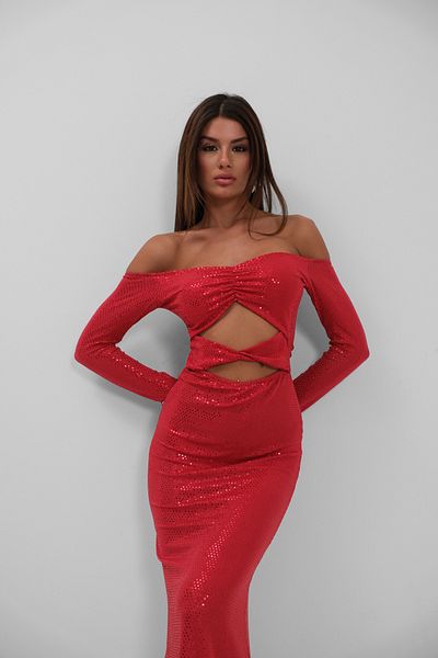 Black Fashion Low-Shoulder Low-Cut Maxi Red Dress