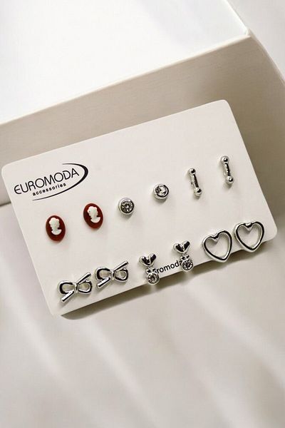 EUROMODA Set of 6 Earrings with Ball and Pearl Earrings with Heart Infinity and Queen Elizabeth Design
