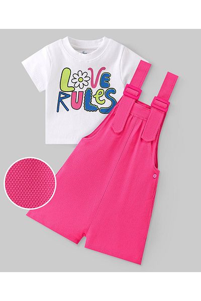 Ollington St. Ollington St. Popcorn Textured  Dungaree & Cotton Rib Half Sleeves Top with Text Print- Pink & White
