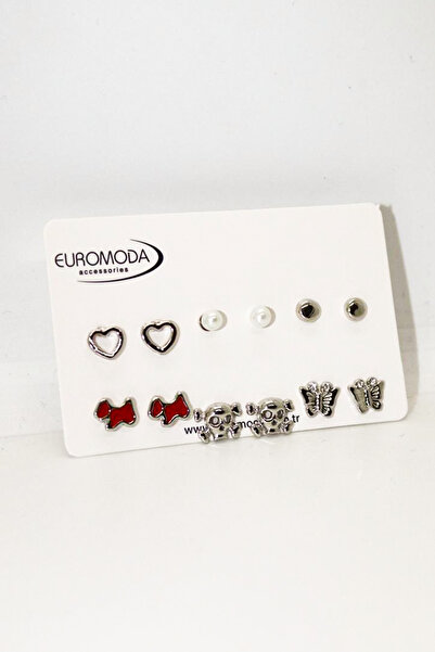 EUROMODA Kalp Köpek Kuru Kafa Tasarımllı Top ve İnci Küpeli 6lı Küpe Seti