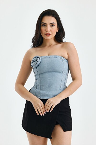 soBasic Τζιν Στράπλες Μπλούζα με Τριαντάφυλλο και Λεπτομέρεια Σχισμής-32 - Μπλε