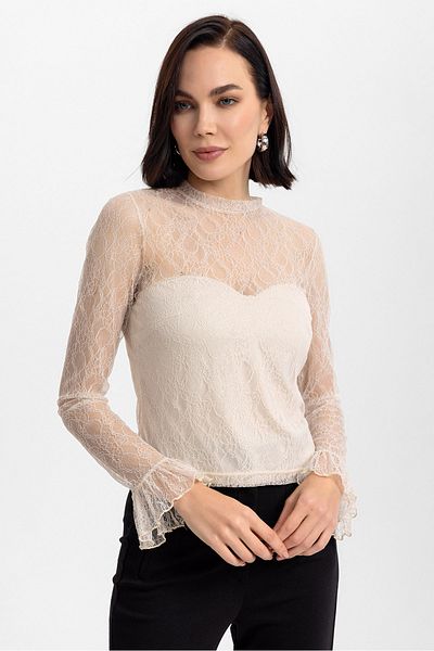 Evermade Stand Collar Lace and Low-Cut Long Sleeve Blouse
