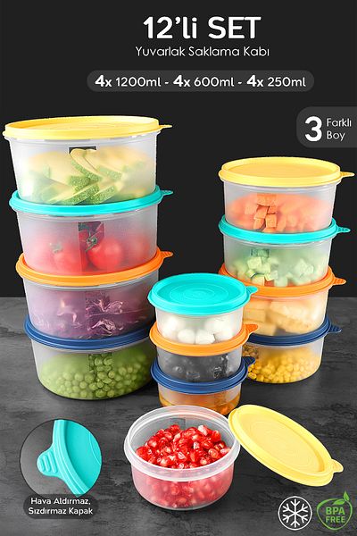 Meleni Home Set of 12 Colorful Food Storage Containers - Food Container 4X250 4X600 4X1200Ml Organizer