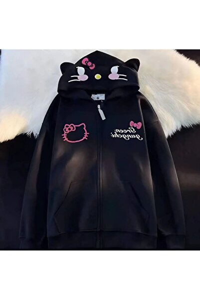 Genel Markalar Sanrio Siyah Anime Kawaii Kulaklı Hello Kitty Detail Hırka