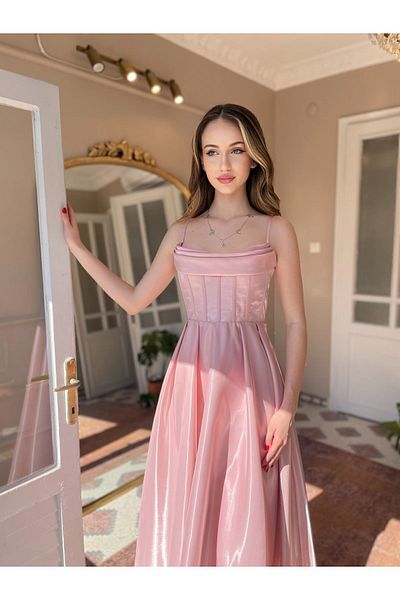 Biçanta Organza Satin Midi Μήκος Φόρεμα με λουράκι Γάμος Αρραβώνας Αποφοίτηση
