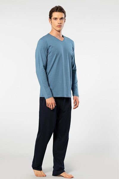 Cacharel Men's V-Neck Long Sleeve Pajamas Set - 50% Modal and 50% Cotton with Bottom Sleepwear Pockets